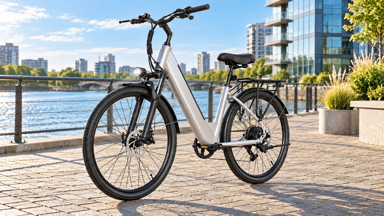 Bicicleta elétrica prateada junto a um rio em cena conceitual gerada por IA